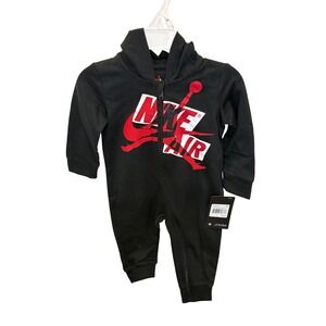 Kids Jordan Black Red Jumpman Full Zip Hooded Romper Jumpsuit 12M